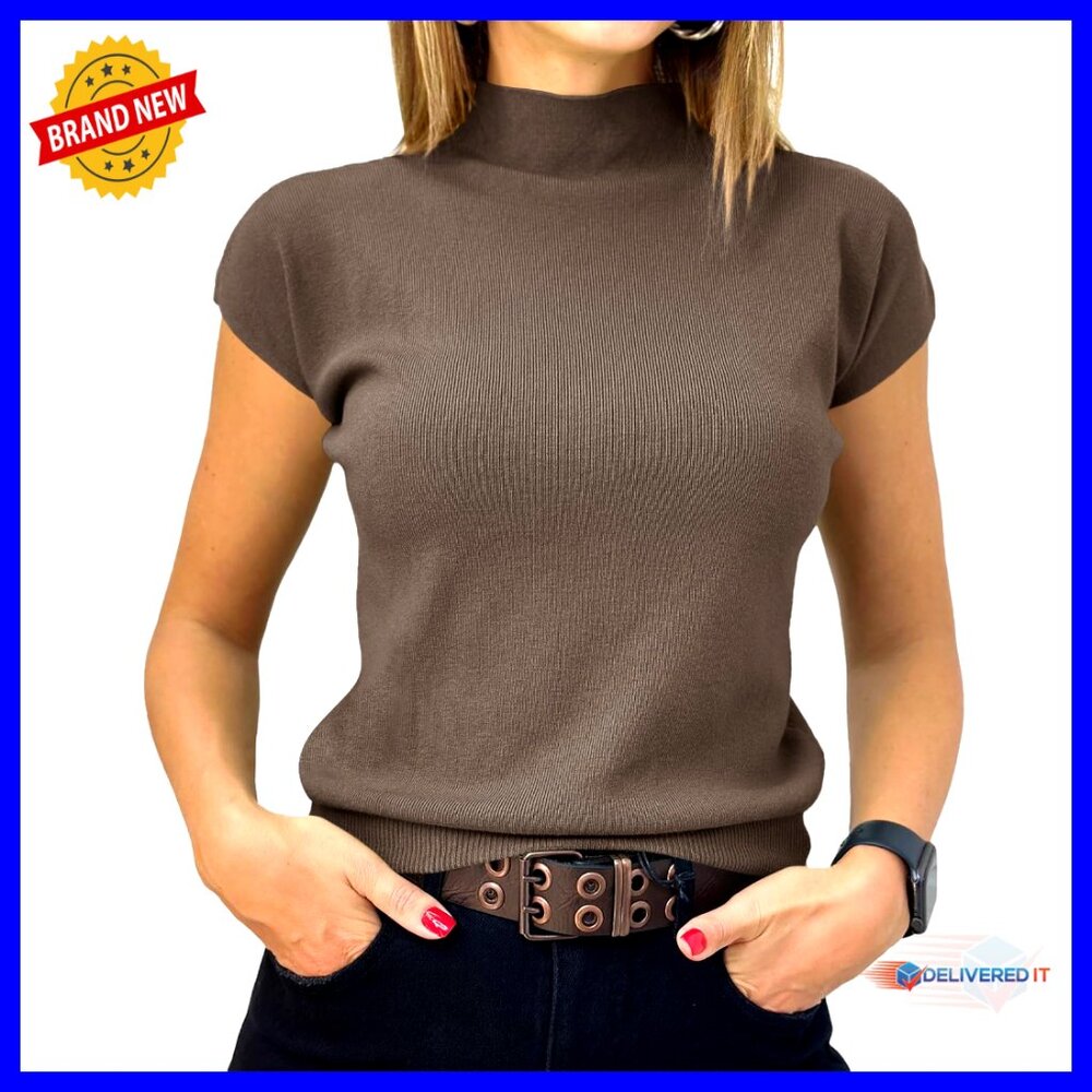 Slim Fit Mock Neck Short Sleeve Sweater Summer Pullover Knit Top